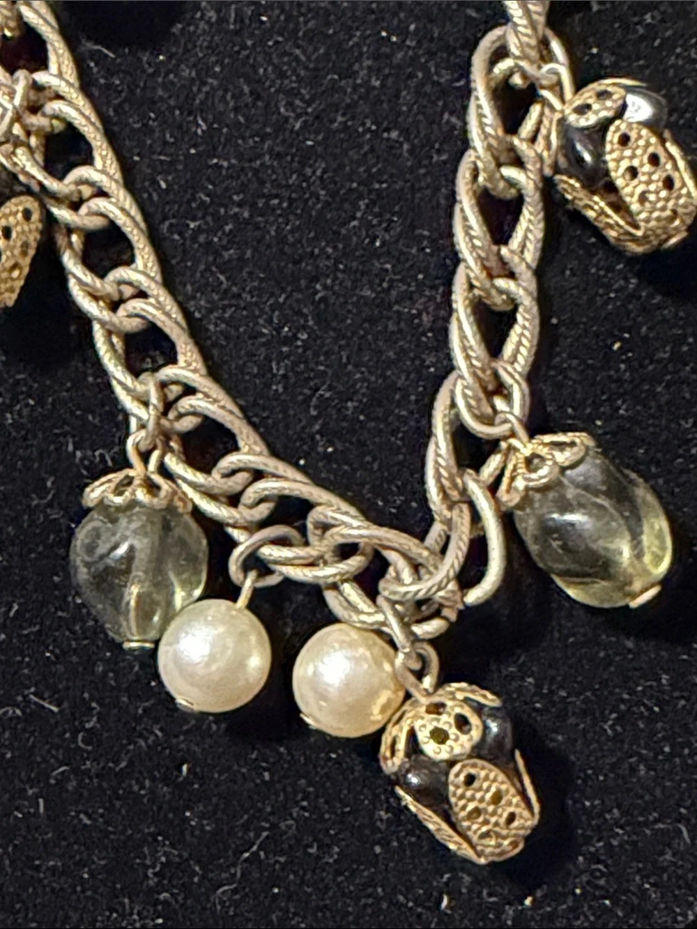 Vintage Gold Tone Charm Bracelet Faux Pearl Glass Beads Filigree Caps